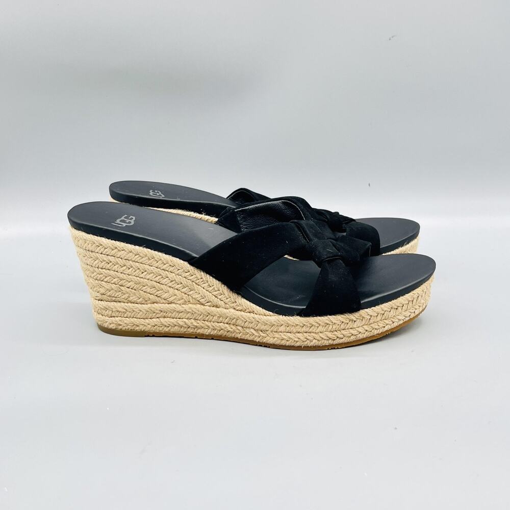 UGG Sandals Womens 8 Black Suede Bow Espadrille Platform Wedge Slip On Shoes